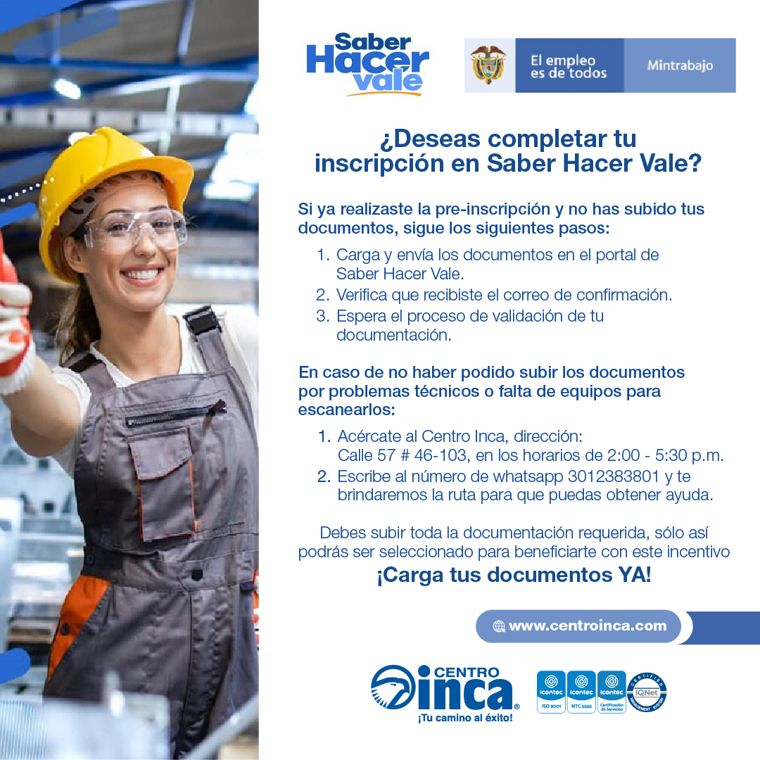 ¿deseas completar tu inscripción en saber hacer vale